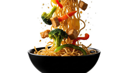 Delicious Asian Noodles with Fresh Vegetables and Tofu Falling into Bowl.