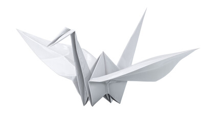 White origami paper crane crafted from a single sheet, symbolizing peace, hope, and good fortune with clean lines. Transparent background
