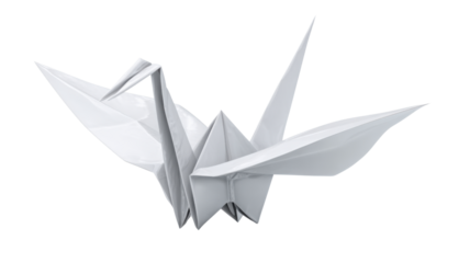 White origami paper crane crafted from a single sheet, symbolizing peace, hope, and good fortune with clean lines. Transparent background