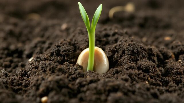 A tiny green sprout emerging from the dark soil, symbolizing new beginnings and growth.