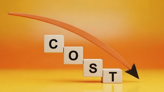 Cost reduction downward trend arrow with letter blocks