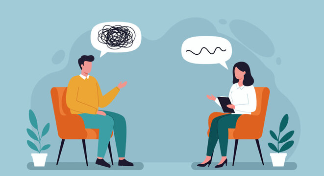 A vector illustration depicts a therapy session, showcasing a person sharing their mental health concerns, with a therapist providing support and guidance within a calm, supportive environment.
