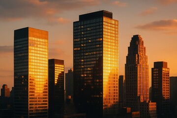 Dramatic city skyline at golden hour with sunlight reflecting on towering glass skyscrapers