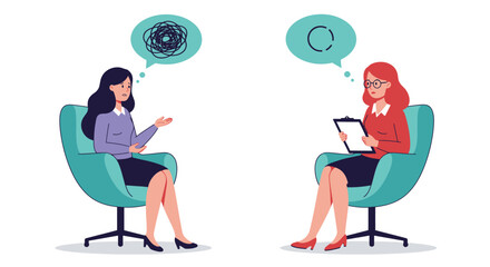 A flat vector illustration portrays a woman seeking professional help for stress and depression during a psychotherapy session with a counselor.