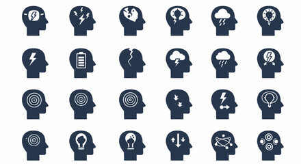 A vector illustration presents a collection of stylized head silhouettes, each depicting various mental states, emotions, and concepts related to stress, depression, and psychological well-being,