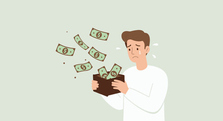 A worried man with a wallet, experiencing financial stress and depression, as money flies out, representing economic hardship and concern about finances in a vector illustration.