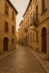 Obraz premium Narrow Old European Cobblestone Street with Sandstone Buildings and Warm Sunset Light