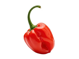 Single bright red habanero chili pepper with a curved green stem isolated on transparent background