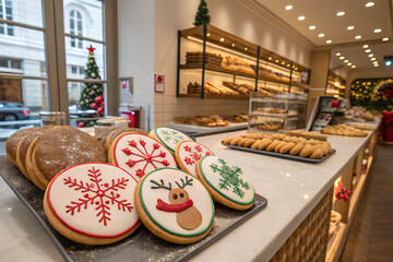 Christmas cookies on display in festive bakery
