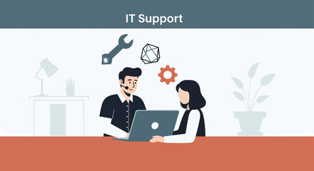 Two it professionals providing support and assistance to clients at desk in modern office, showcasing teamwork and problemsolving skills.