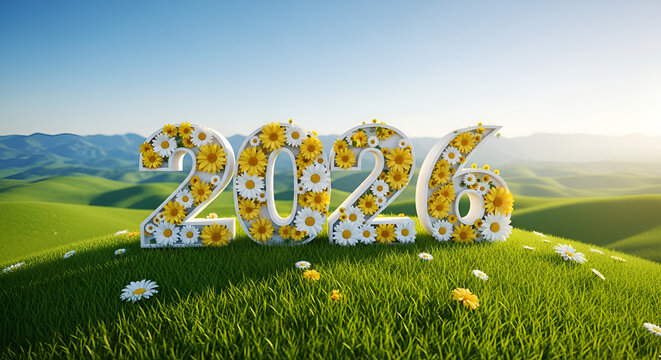 Image is a digital illustration featuring large, three-dimensional numbers '2026' set against a picturesque landscape. The numbers are white and adorned with vibrant yellow and white daisies, creating