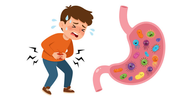 A young boy experiencing stomach pain, illustrated with a cartoon depicting the presence of germs and bacteria within the digestive system, a concept of illness.