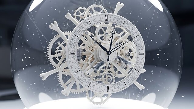 Clockwork gears and bone elements encased in a frosted snow globe