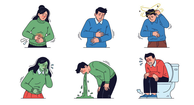 Vector illustration depicting various symptoms of vector-borne diseases, showcasing discomfort and illness in a modern, easily adaptable PNG format for health awareness.
