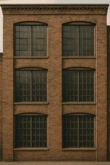 Fototapeta premium Vintage Brown Brick Building Facade with Six Large Gridded Industrial Windows
