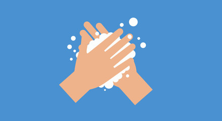 A vector illustration emphasizing the importance of handwashing, depicting hands covered in soap bubbles against a clean blue background, promoting hygiene and health.