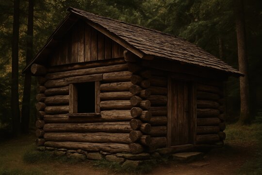 Dark and Moody Old Rustic Log Cabin in Dense Forest Woods