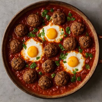 Hearty Shakshuka with Meatballs and Poached Eggs in Rich Tomato Sauce, Garnished with Fresh Cilantro, Served in a Pan