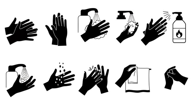 A vector illustration sequence demonstrates proper handwashing techniques, featuring steps from applying soap to drying, promoting hygiene and health practices in a clean, minimalist style.