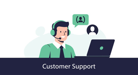 Smiling customer service representative assisting clients with headset and laptop in modern office setting, showcasing efficient support and positive communication.