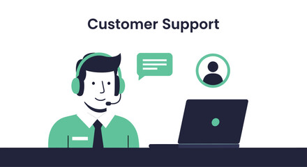 Customer service representative wearing headset assisting clients online with laptop on desk in modern office, providing support and solutions with friendly approach.