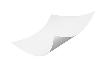 A single sheet of white paper floating or flying in the air with a curled corner, isolated on transparent background