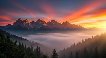 Obraz premium A breathtaking mountain landscape with a vibrant sunset and dense fog, featuring a majestic mountain range with jagged peaks and a forested valley below.