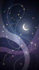Magical crescent moon night sky with glowing stardust trails for dreamy backgrounds