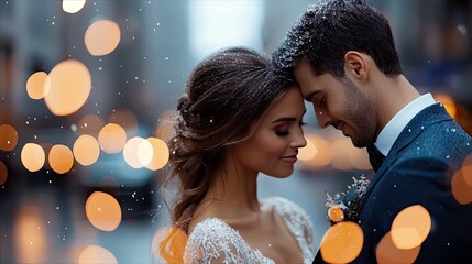 A romantic couple, a man and a woman, embrace outdoors in a snowy city setting at night, with bokeh lights.