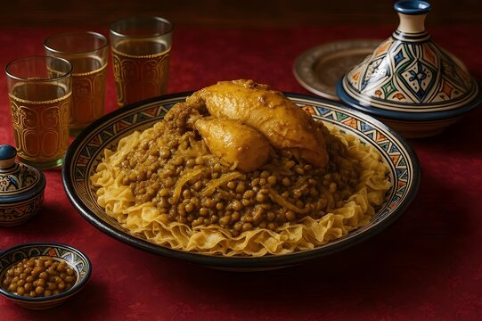 Authentic Moroccan Rfissa Dish with Chicken, Lentils, and Shredded Msemen Flatbread, Served in a Tagine Bowl