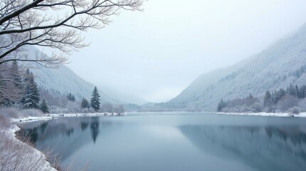 Tranquil winter landscape with snow covered mountains and reflecting lake