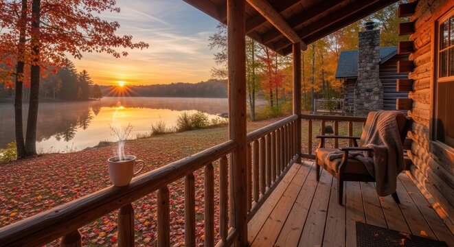 A serene autumnal cabin deck with a view of a calm lake and a colorful sunset, featuring a wooden chair, a cup of coffee, and a cozy atmosphere.