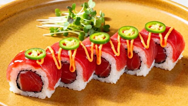 vibrant spicy tuna sushi rolls sriracha jalapeno japanese plating perfect for hot and spicy food day