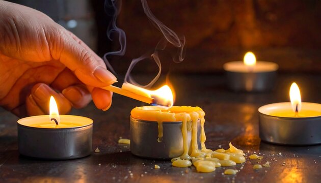 A close-up shows a hand igniting a candle with a match, surrounded by other lit candles, with a soft, warm ambiance - Powered by Adobe