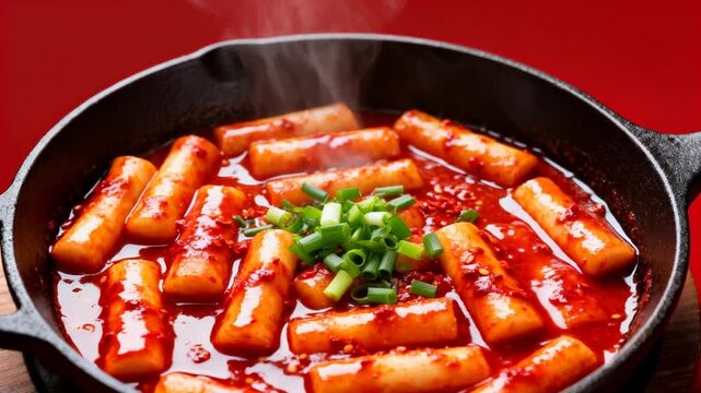 hot glossy red spicy tteokbokki cast iron pan green onion perfect for hot and spicy food day
