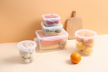 Stacked set of clear plastic airtight food storage containers with fresh fruits and vegetables on beige table