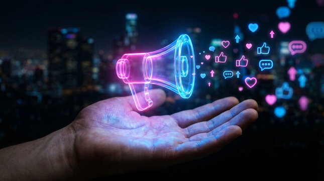 Hand holding a neon megaphone with social media icons floating above it, against a city backdrop.