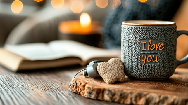 A steaming mug with 'I love you' text and a heart-shaped object on a wooden board, with a blurred book and candle in the background. The scene evokes warmth and - Powered by Adobe