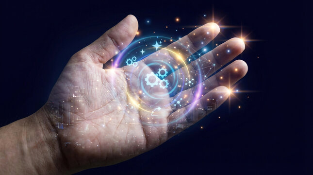 Hand with glowing technology circle and gears hovering above it. - Powered by Adobe