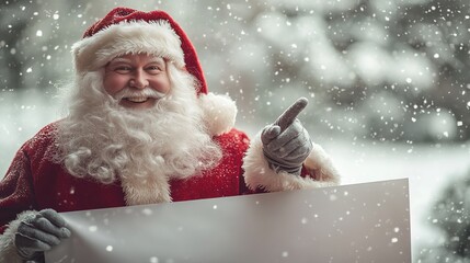 a smiling santa claus stands next to an empty white banner, pointing at the blank space with his hand and wearing a red suit, with gloves on both hands. it is a full-body shot, with a snowy landscape 