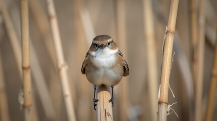 Small brown bird perched on a dry reed stalk in natural habitat