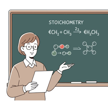 Female Teacher Explaining Stoichiometry and Chemical Reactions in a Classroom.