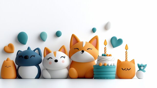 A group of adorable animal characters, including cats and foxes, are arranged in a row, with a birthday cake. The scene is set against a clean white background. - Powered by Adobe