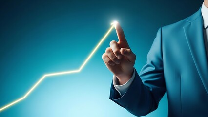 Businessman s finger points to glowing upward trend line