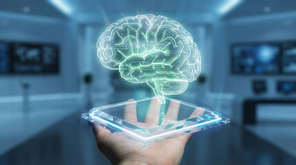 Holographic brain on a hand in a futuristic room.
