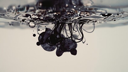 Dramatic abstract image captures the moment black ink disperses in water, creating captivating patterns and liquid forms against a light, neutral background with a serene, contemplative mood.