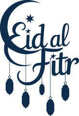Eid al-Fitr typography with crescent moon and lanterns vector design