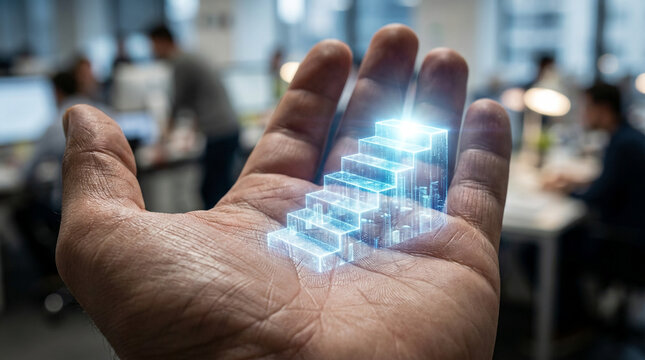 Hand holding holographic steps in an office environment.