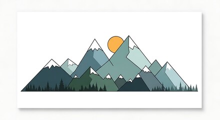 Minimalist Mountain Range Illustration with Rising Sun and Evergreen Trees.