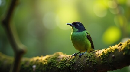 Small green bird with black head perched on a mossy branch in a forest